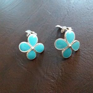 Silver/Aqua enamel floral clip earrings